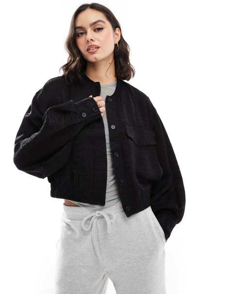 Object cropped textured bomber jacket in black - view 1