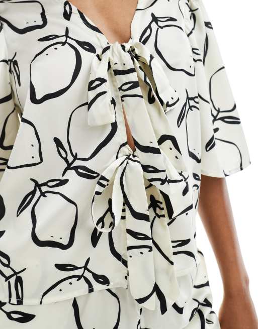 Object cropped tie front top in black and white lemon print - part of a set, 4 of 4