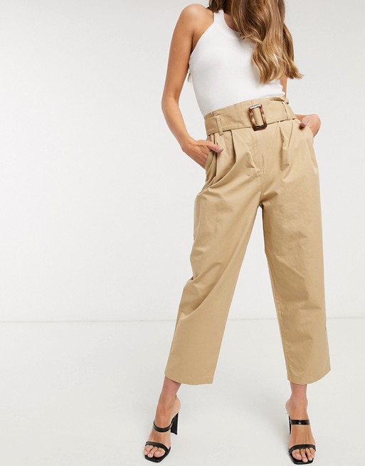 Object cropped trousers with belted waist in camel