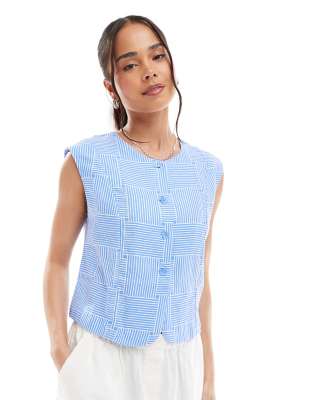 Object - Cropped Westen-Oberteil in Blau mit Crosshatch-Print-Weiß