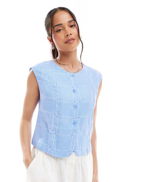 Object – Cropped Westen-Oberteil in Blau mit Crosshatch-Print - view 1