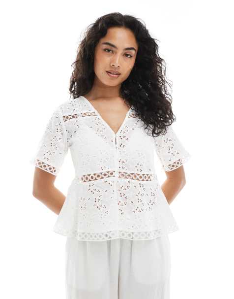 Object cutwork embroidered short sleeve peplum hem top in cream - view 1