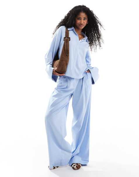 Object deep cuff wide sleeve boxy shirt and pleat front wide leg pants set in light blue - view 1