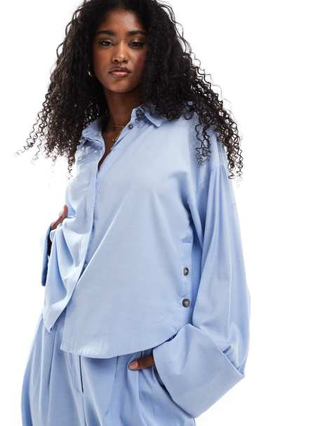 Object deep cuff wide sleeve boxy shirt co-ord in light blue - view 1