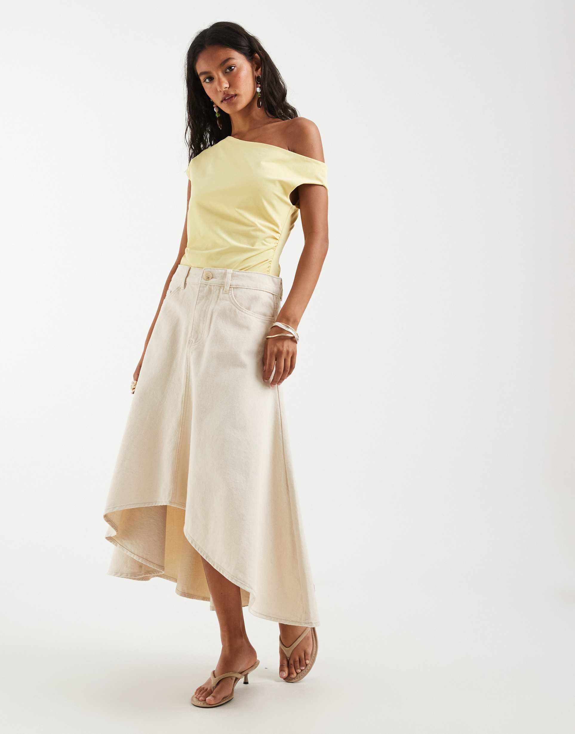 object denim high-low hem full skirt in cream