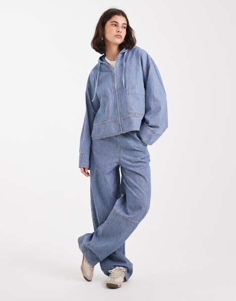 Object denim hoodie and wide leg jeans co-ord in light blue wash - view 1