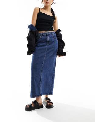 Object Denim Maxi Column Skirt In Medium Blue Wash