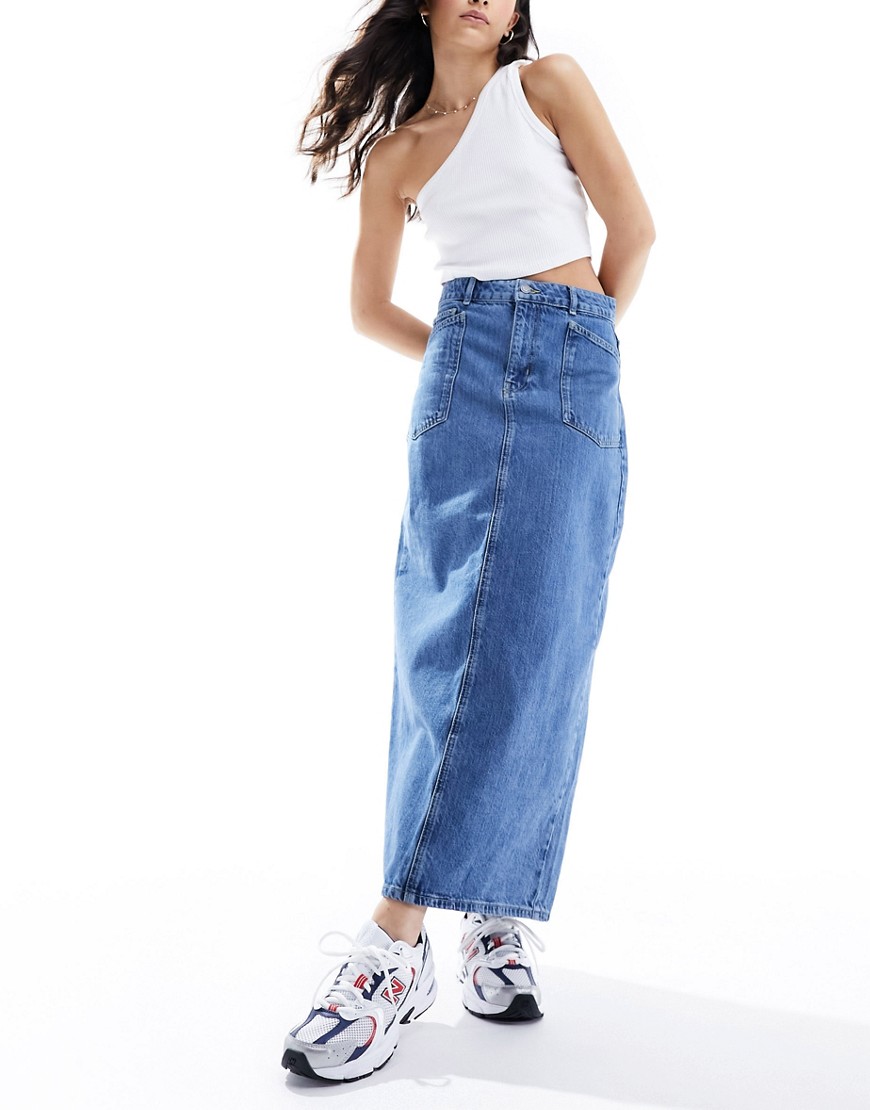 Object denim maxi skirt with double waistband in mid blue wash