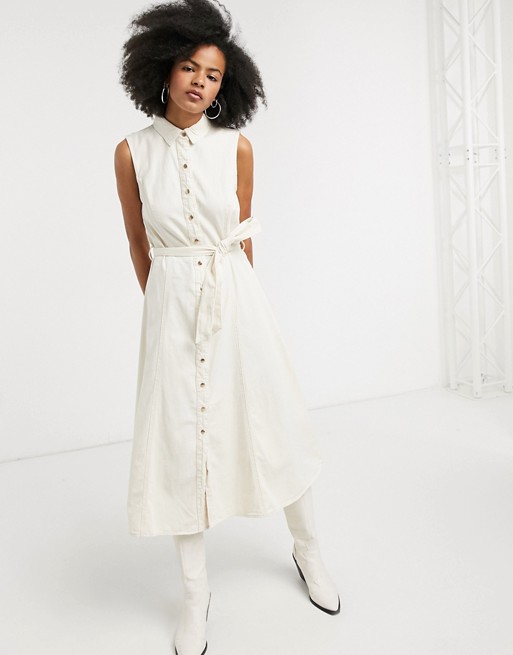 Object denim midi shirt dress with tie front in cream