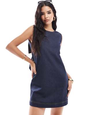 denim mini dress with bow back in dark blue