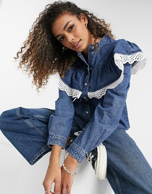 Object denim shirt with ruffle detail in blue