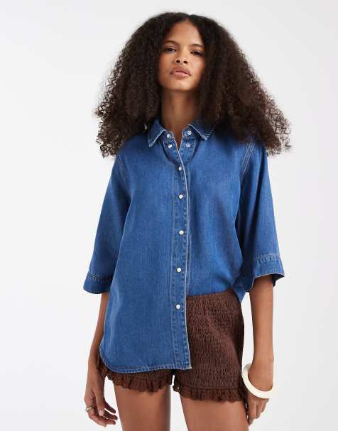 Object - Denim top met 2/4 mouwen en knoopsluiting in middenblauw - view 1