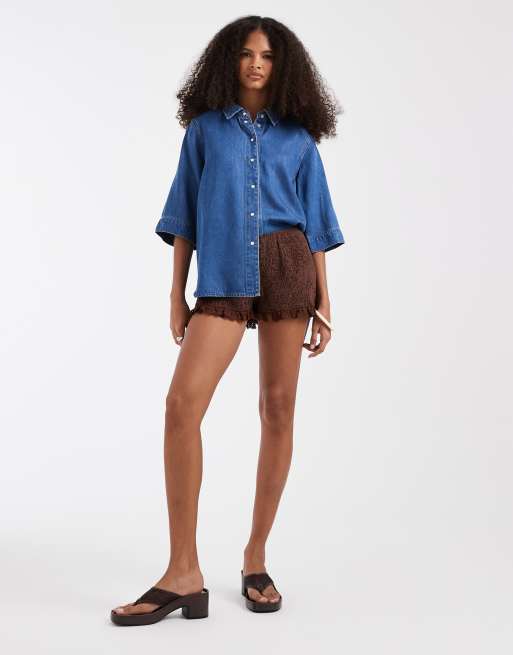 Object - Denim top met 2/4 mouwen en knoopsluiting in middenblauw, 2 van 4