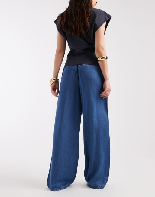 Object – Denimblå byxor i chambray-tyg med vida ben, 5 av 5