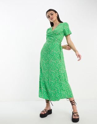 Object ditsy floral wrap midi dress in green  - ASOS Price Checker