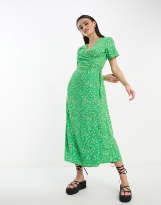 Object Ditsy Floral Wrap Midi Dress In Green