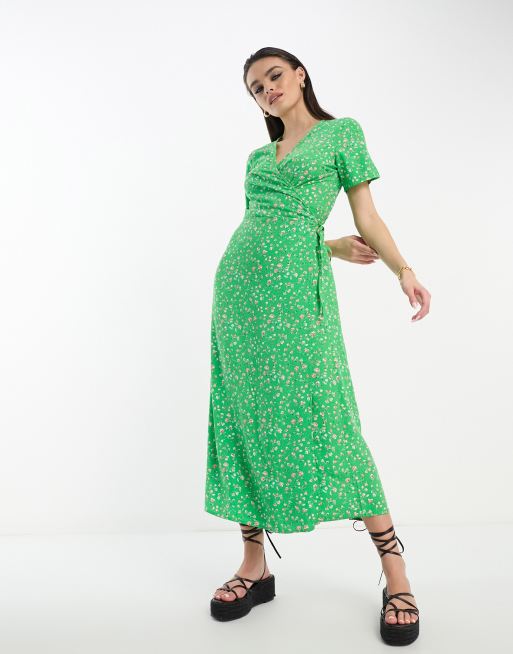 Object ditsy floral wrap midi dress Plunge in green 