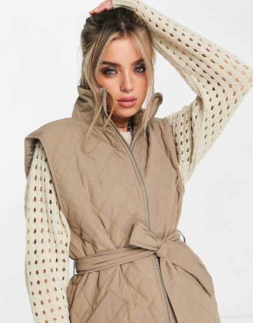 Object - Doorgestikte bodywarmer met gestrikte taille in lichtbruin, 3 van 4