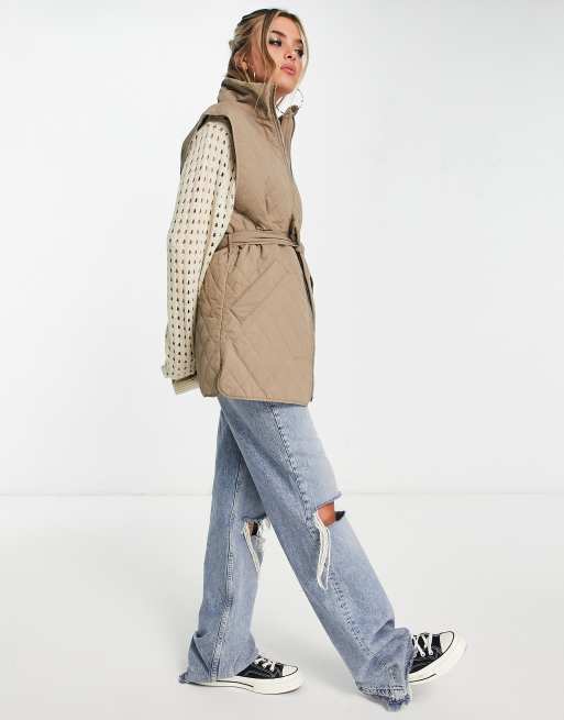 Object - Doorgestikte bodywarmer met gestrikte taille in lichtbruin, 4 van 4