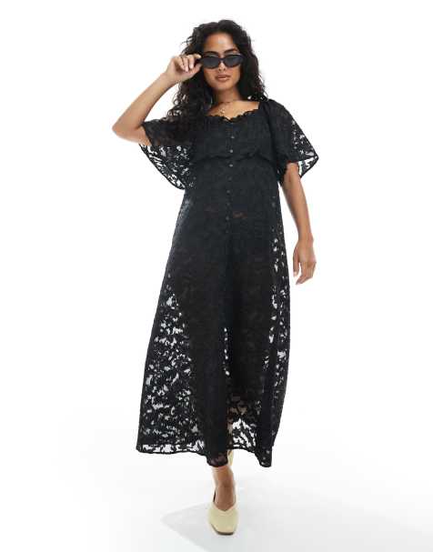 Object - Doorschijnende boho jurk met laag met burn-out bloemen in zwart - view 1