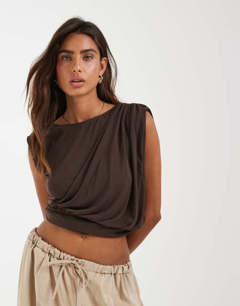 Object drape shoulder top with ruched detail in chocolate brown - view 1