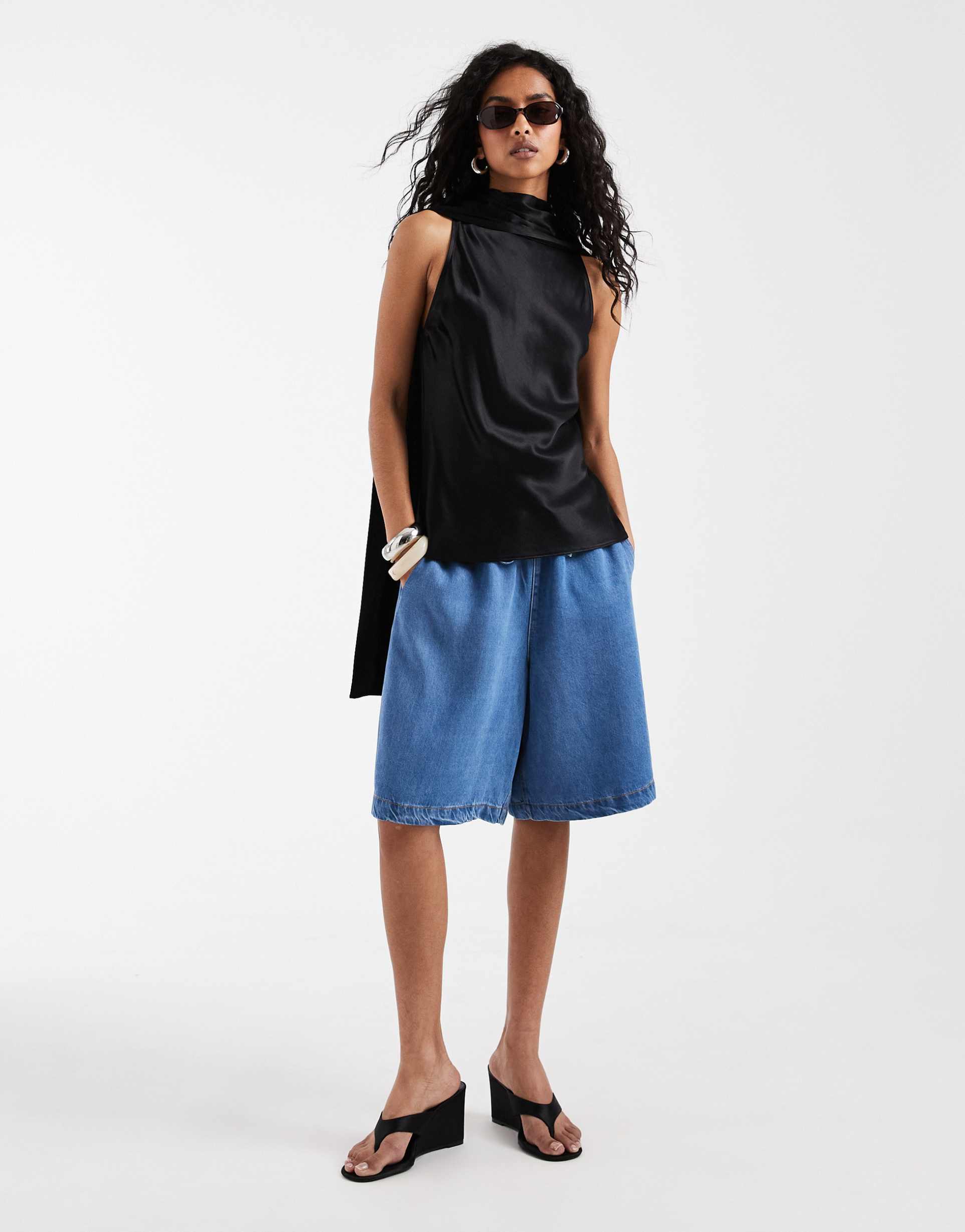 object drapey chambray tie waist longline shorts in light blue denim