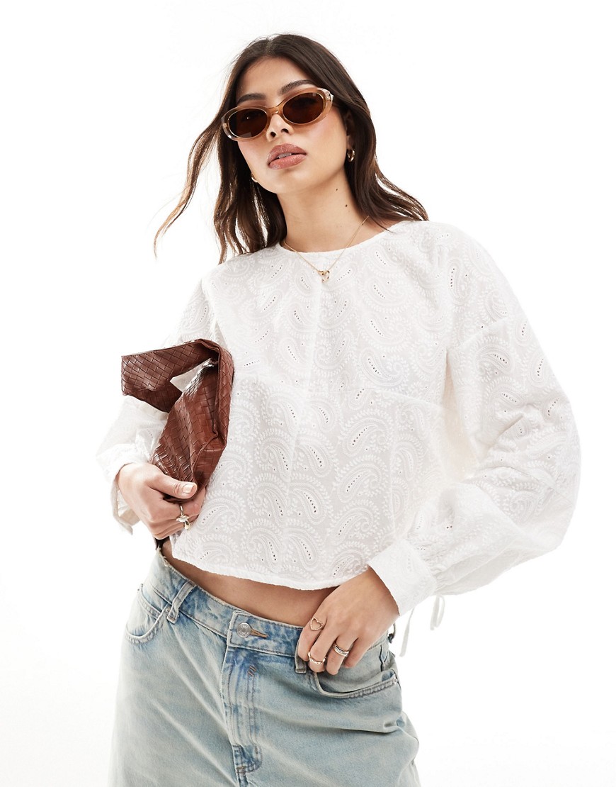 Object Drawstring Broderie Top With Raglan Sleeve In White