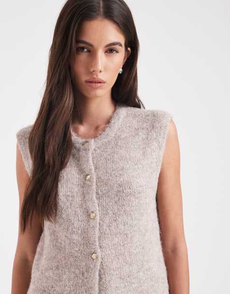 Object gold button front detail knitted vest co-ord in hummus melange