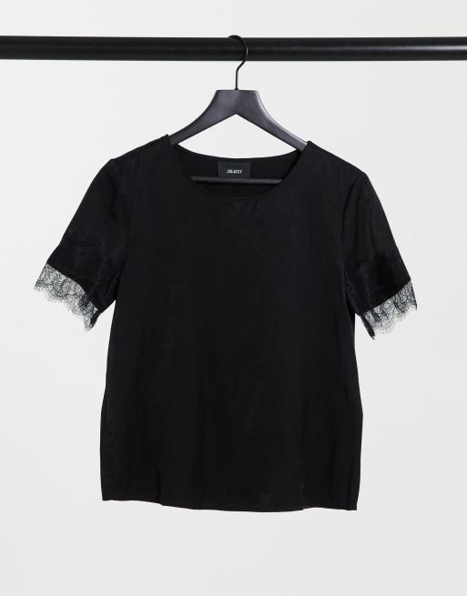 Object Eileen lace trim slinky top in black