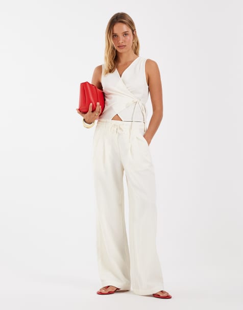Object - Elegante broek met gestrikte taille in crème, deel van co-ord set - view 1