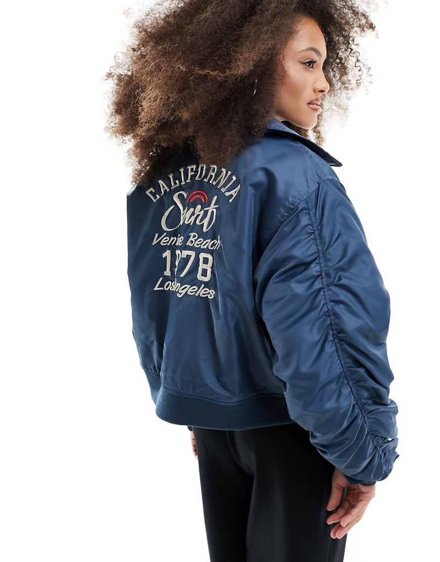 Object embroidered back bomber jacket in dark blue