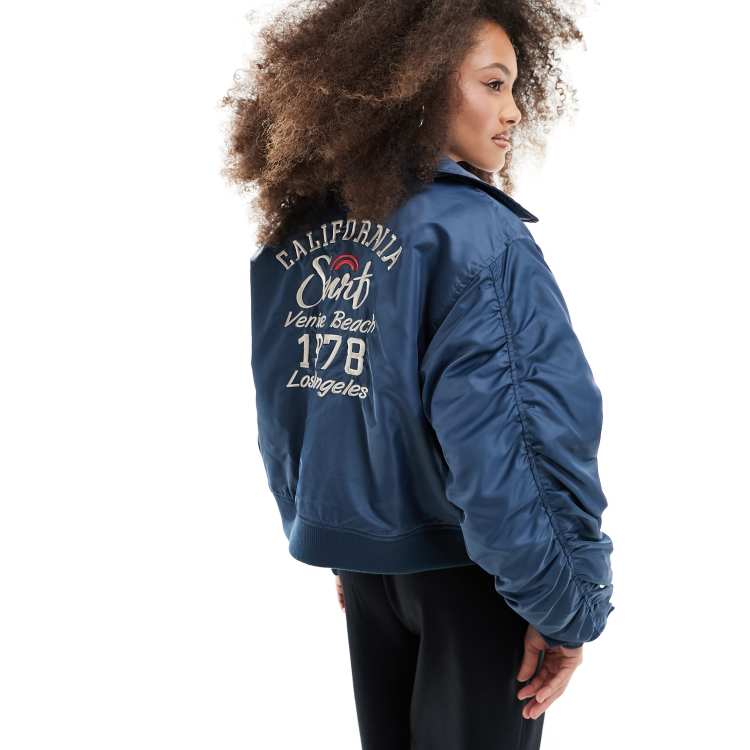 Object embroidered back bomber jacket in dark blue