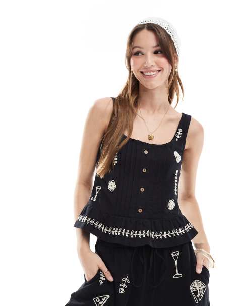 Object embroidered button down jersey top in black (part of a set) - view 1