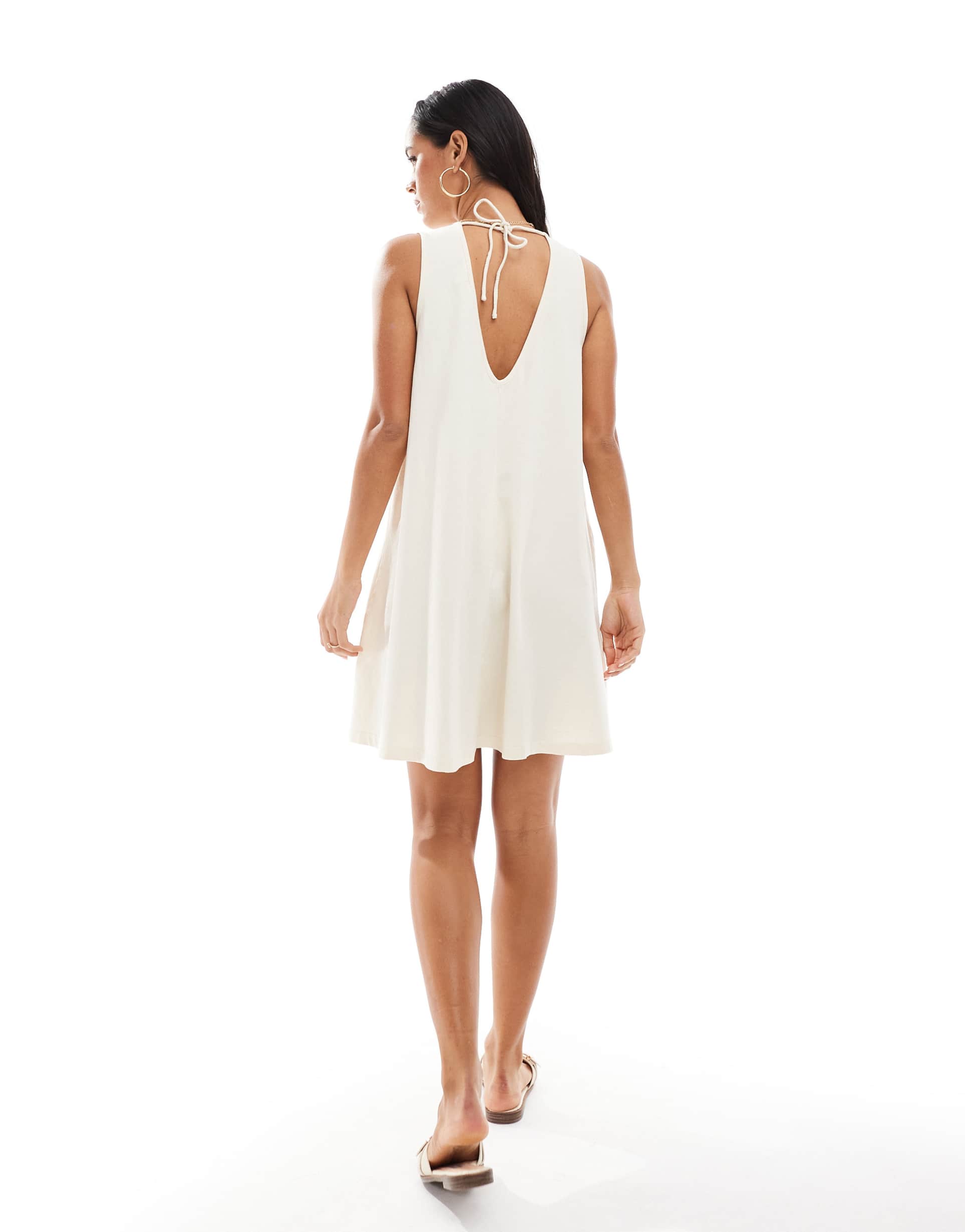 object embroidered jersey swing dress with tie back in cream