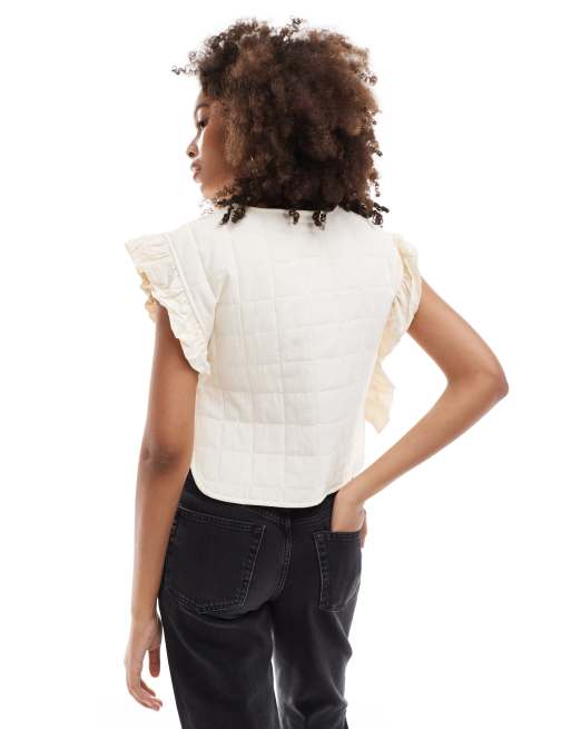 Object embroidered quilted statement top in cream
