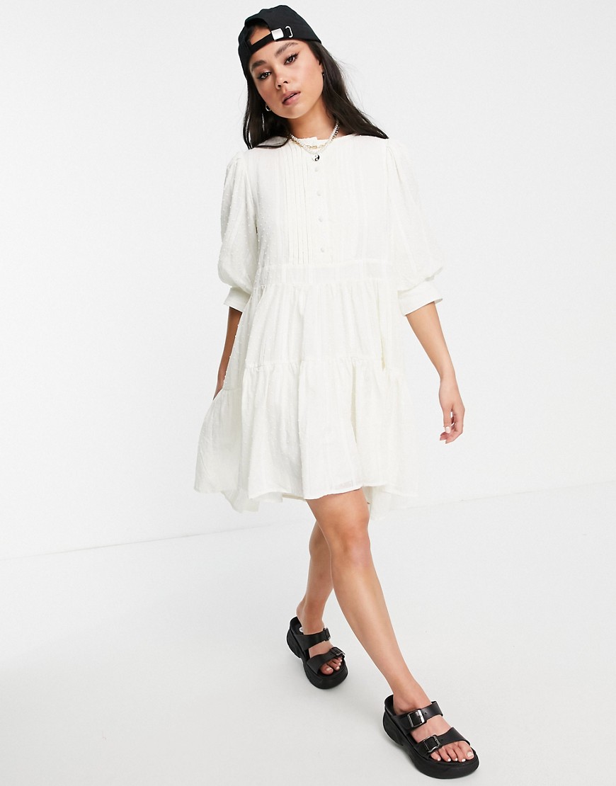 Object embroidered tiered mini dress in white