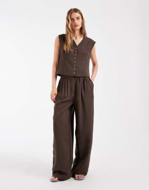 Object - Ensemble aspect lin avec gilet de tailleur ajusté à boutons-pression et pantalon ample - Chocolat - view 1