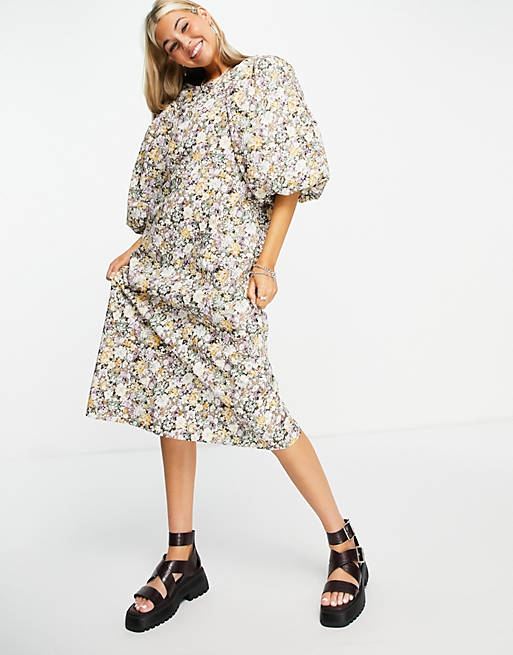 Object exaggerated sleeve midi dress in floral print