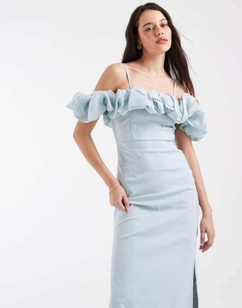 Object extreme off the shoulder satin ruffle trim maxi dress in soft blue - view 1