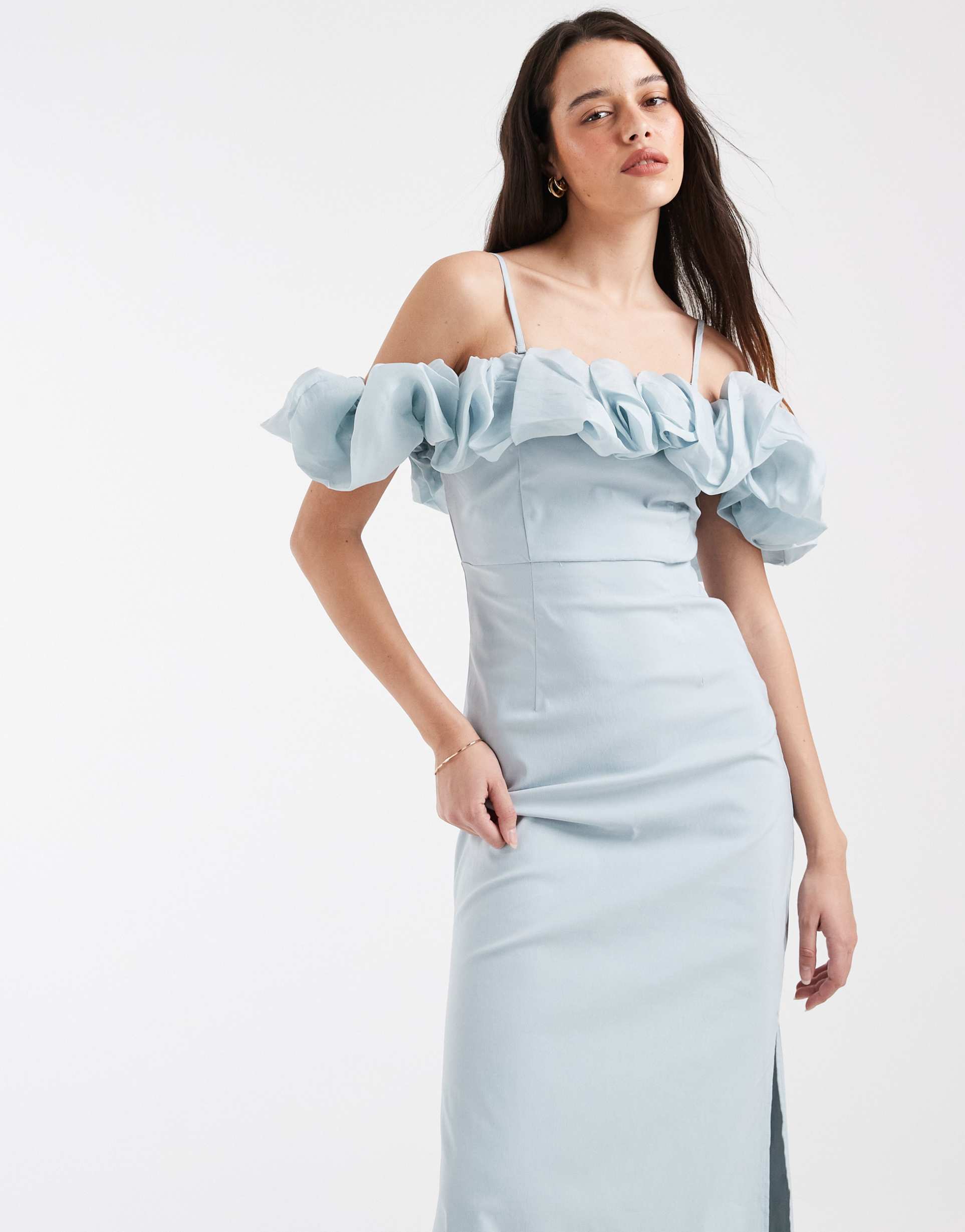 object extreme off the shoulder satin ruffle trim maxi dress in soft blue