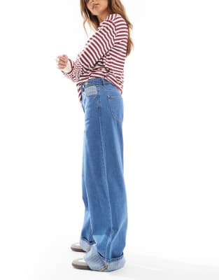 Object Extreme Wide Leg Jeans With Contrast Cuffs In Blue
