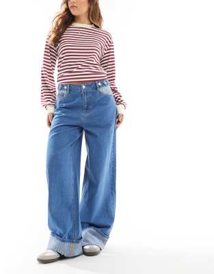 Object Object extreme wide leg jeans with contrast turn ups in medium blue denim