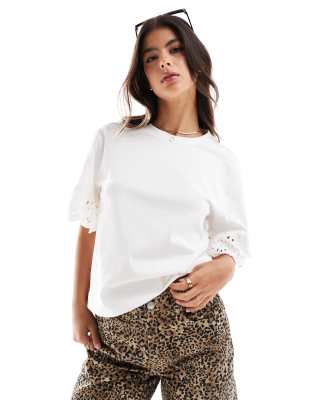 eyelet sleeve boxy fit t-shirt in cream-White