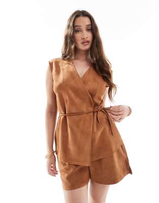 Object faux suede tie waist waistcoat co-ord in camel beige - view 1