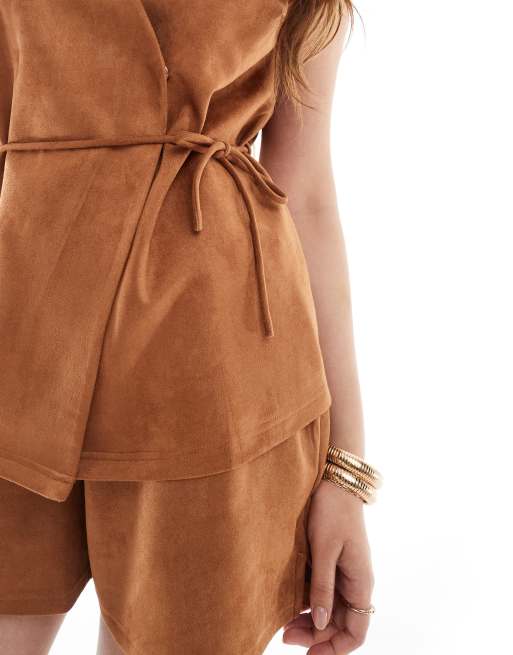 Object faux suede tie waist waistcoat in camel beige (part of a set), 3 of 4