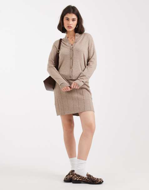 Object fine gauge knit cardigan and mini skirt set in taupe melange - view 1