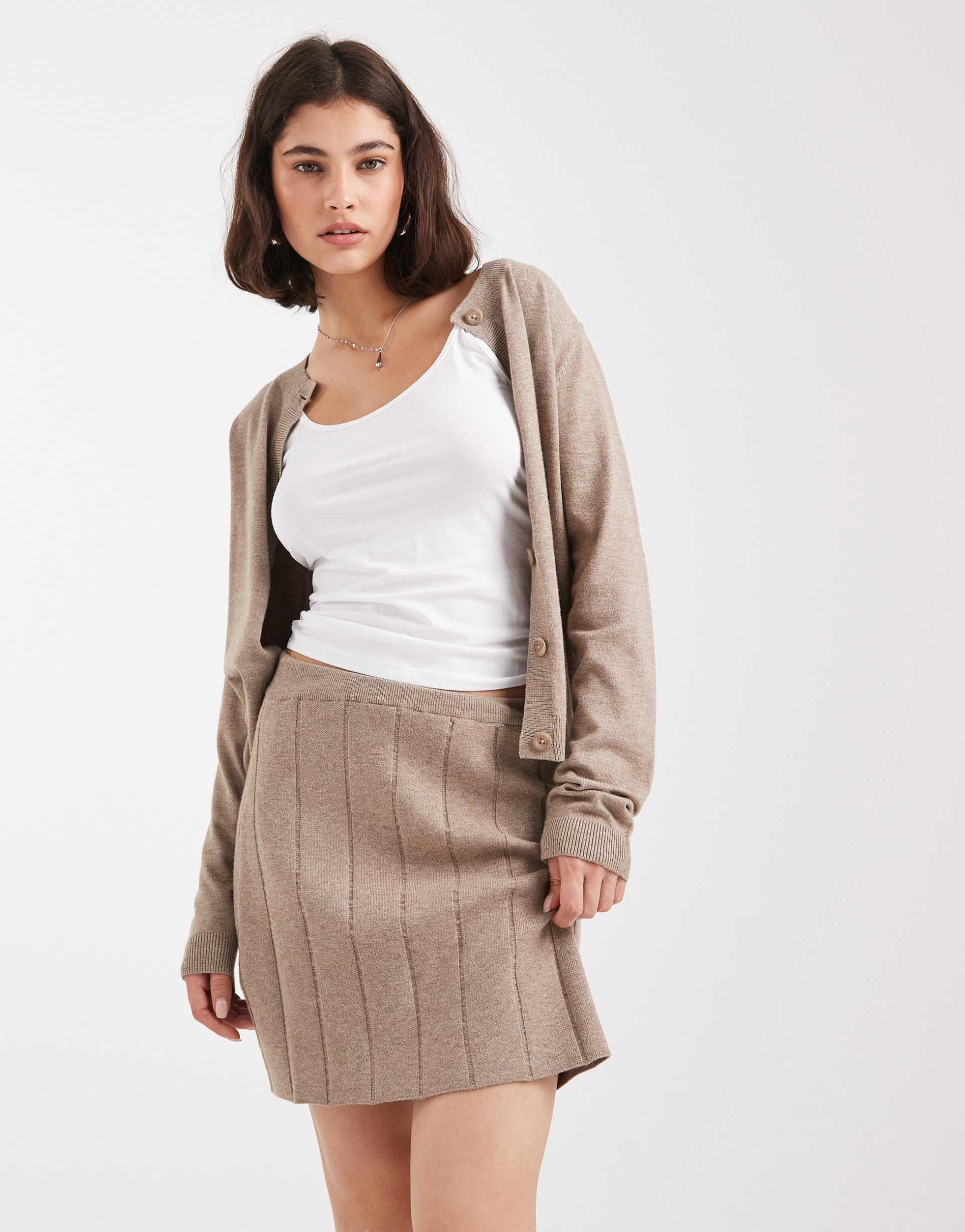 object fine gauge knit mini skirt in heathered taupe - part of a set