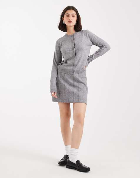 Object fine gauge knitted cardigan and mini skirt co-ord in medium grey melange - view 1