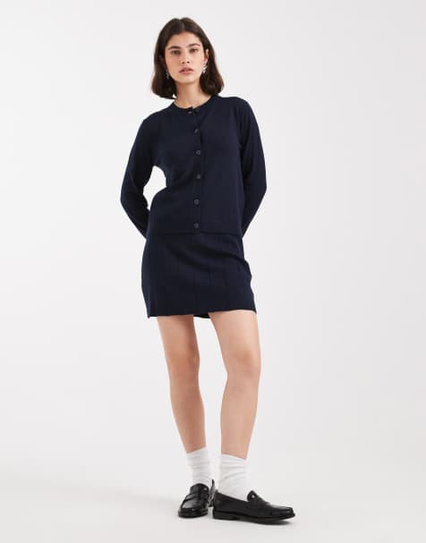 Object fine gauge knitted cardigan and mini skirt set in navy - view 1