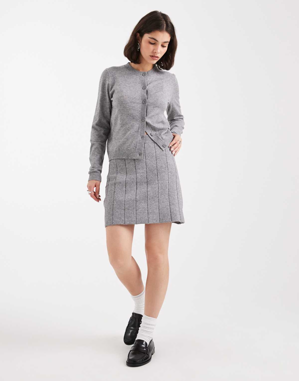 Object fine gauge knitted mini skirt co-ord in medium grey melange